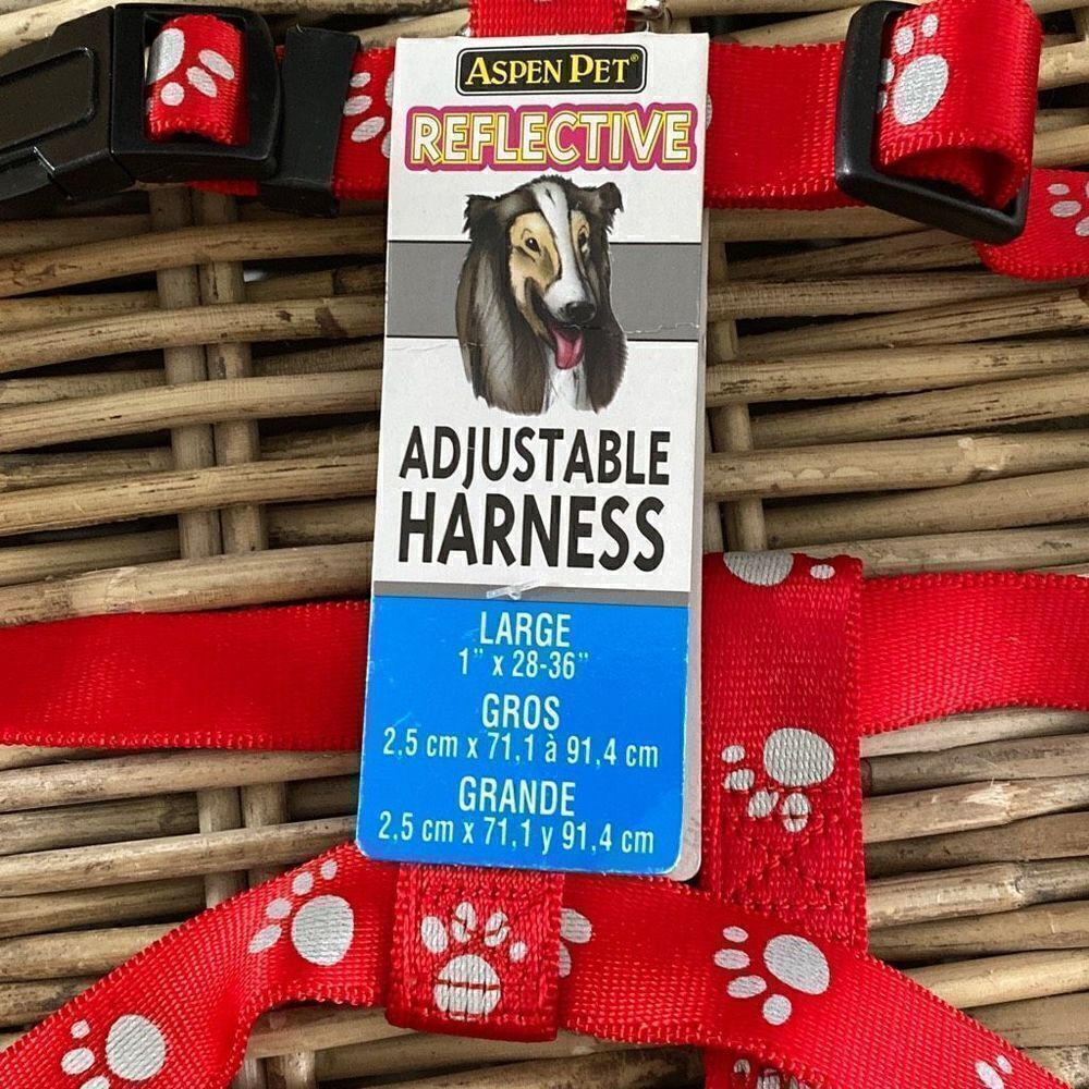 Nylon Dog Harness Reflective Adjustable Red Paws Large 1”x28-36” Aspen Pet NWT